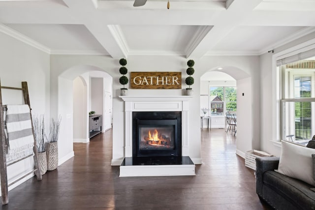 743 Burgess Dr, Goodlettsville, TN 37072 - living room with coffered ceiling, ceiling fan, ornamental molding, dark wood-style floors, and a glass covered fireplace