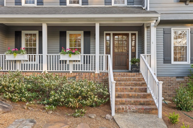 18 Whispering Pines Dr, Signal Mountain, TN 37377 - doorway to property featuring a porch, roof with shingles, and crawl space