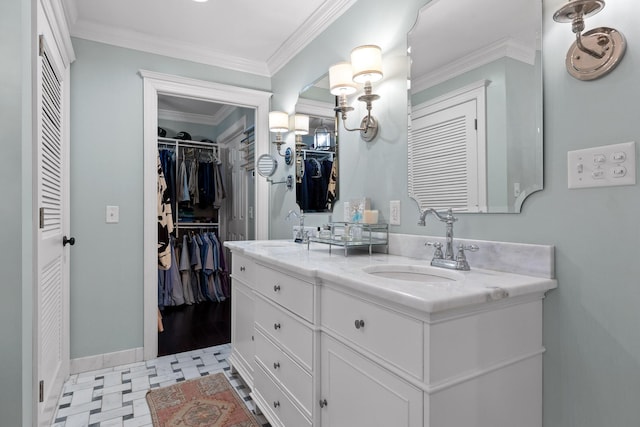 18 Whispering Pines Dr, Signal Mountain, TN 37377 - bathroom featuring double vanity, ornamental molding, tile patterned floors, a spacious closet, and baseboards