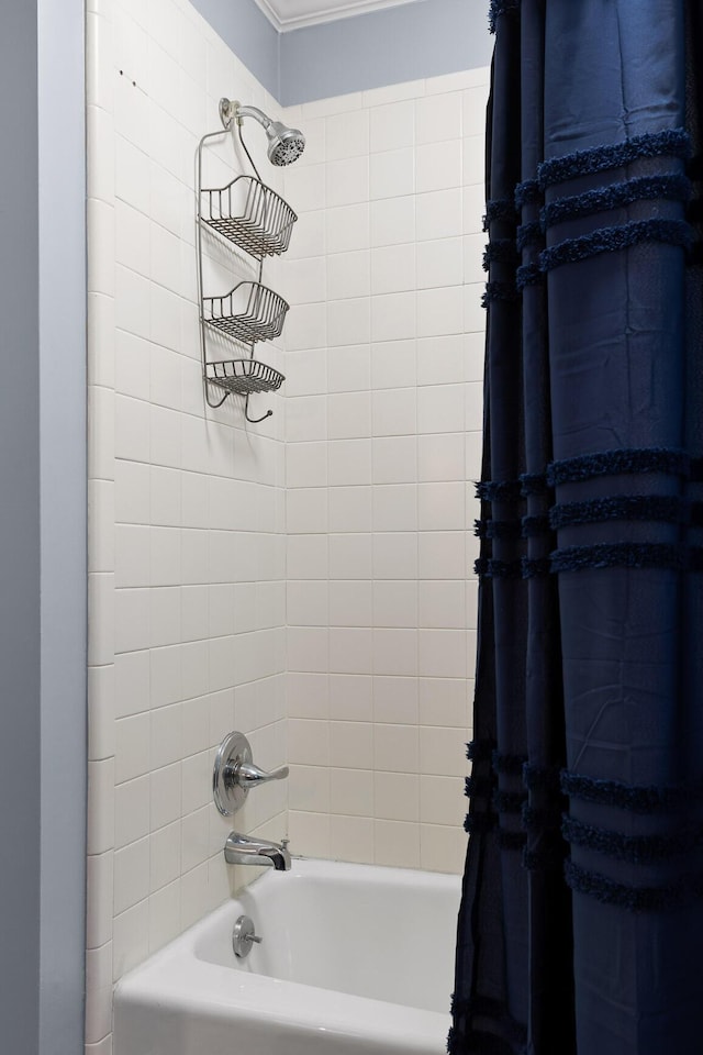 18 Whispering Pines Dr, Signal Mountain, TN 37377 - full bathroom with shower / bath combination with curtain and crown molding