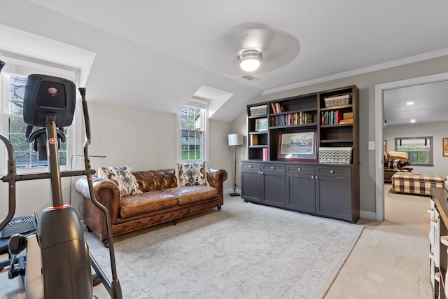 18 Whispering Pines Dr, Signal Mountain, TN 37377 - living room with light colored carpet, ceiling fan, baseboards, and vaulted ceiling