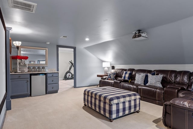 18 Whispering Pines Dr, Signal Mountain, TN 37377 - cinema room with a dry bar, light colored carpet, and lofted ceiling