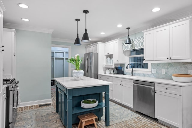 18 Whispering Pines Dr, Signal Mountain, TN 37377 - kitchen featuring appliances with stainless steel finishes, open shelves, a sink, crown molding, and white cabinets