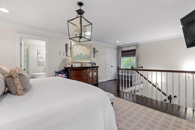 18 Whispering Pines Dr, Signal Mountain, TN 37377 - bedroom featuring wood finished floors, recessed lighting, ornamental molding, a chandelier, and ensuite bathroom