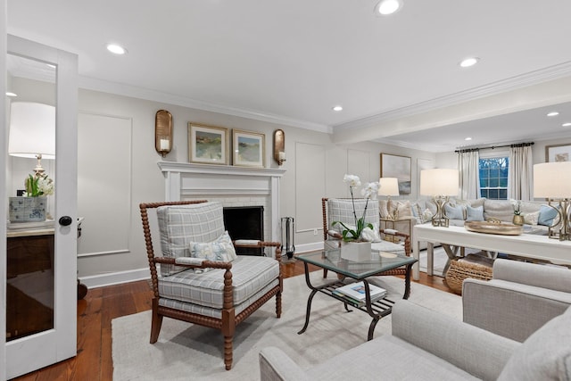 18 Whispering Pines Dr, Signal Mountain, TN 37377 - living room with ornamental molding, a fireplace, wood finished floors, and recessed lighting