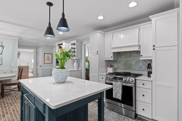18 Whispering Pines Dr, Signal Mountain, TN 37377 - kitchen with stainless steel range with gas cooktop, white cabinetry, blue cabinetry, a center island, and recessed lighting