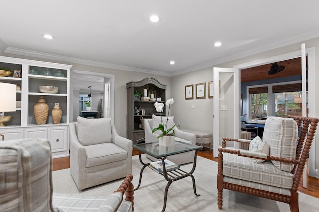 18 Whispering Pines Dr, Signal Mountain, TN 37377 - living area with light wood finished floors, ornamental molding, and recessed lighting
