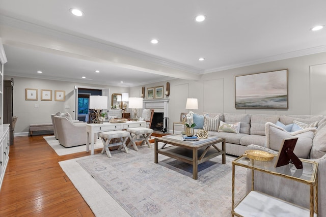 18 Whispering Pines Dr, Signal Mountain, TN 37377 - living area featuring recessed lighting, a fireplace, crown molding, and light wood-style floors