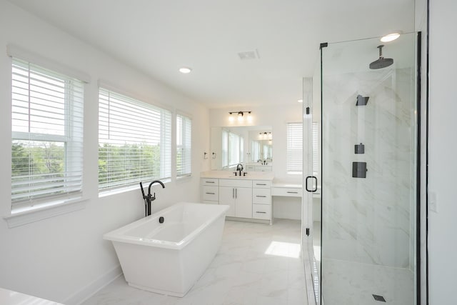 124 W Cassa Way, Mount Juliet, TN 37122 - full bathroom featuring a marble finish shower, marble finish floors, a freestanding bath, vanity, and baseboards