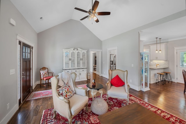 7112 Pepper Tree Cir, Fairview, TN 37062 - living room with a ceiling fan, dark wood-type flooring, baseboards, and high vaulted ceiling