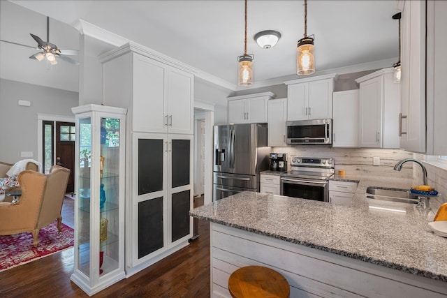7112 Pepper Tree Cir, Fairview, TN 37062 - kitchen featuring stainless steel appliances, a sink, ceiling fan, light stone counters, and ornamental molding