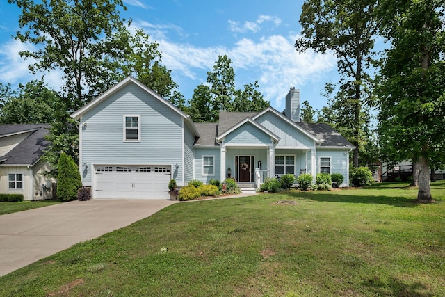 7112 Pepper Tree Cir, Fairview, TN 37062 - view of front of home featuring board and batten siding, a chimney, an attached garage, driveway, and a front lawn