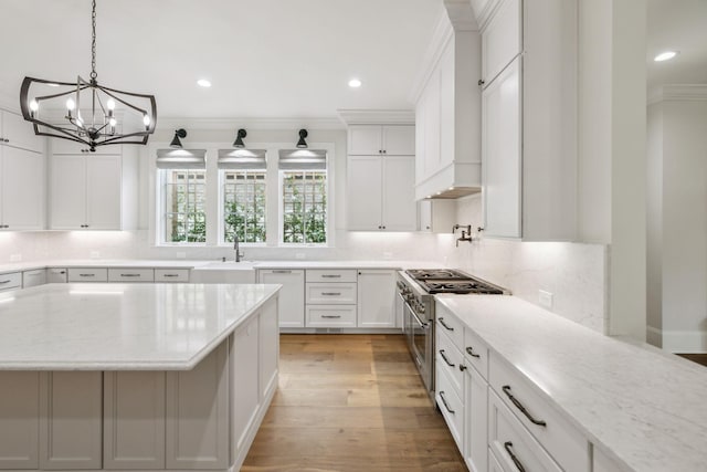 304 Berry Cir, Franklin, TN 37064 - kitchen with double oven range, a sink, crown molding, decorative backsplash, and a chandelier