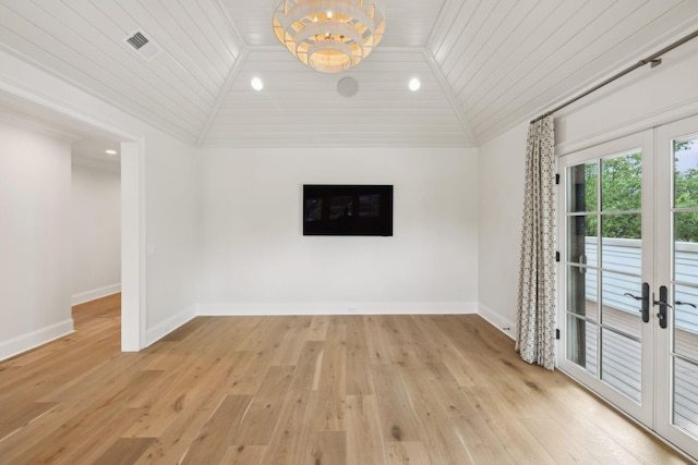 304 Berry Cir, Franklin, TN 37064 - spare room with vaulted ceiling, french doors, baseboards, light wood-style floors, and wooden ceiling