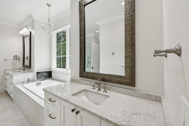304 Berry Cir, Franklin, TN 37064 - bathroom with ornamental molding, vanity, a bath, and a chandelier
