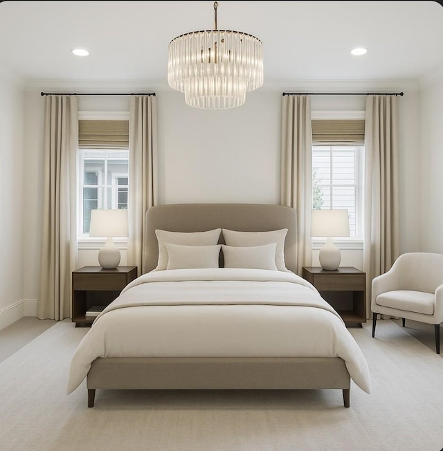 304 Berry Cir, Franklin, TN 37064 - bedroom featuring light colored carpet, a chandelier, crown molding, and recessed lighting