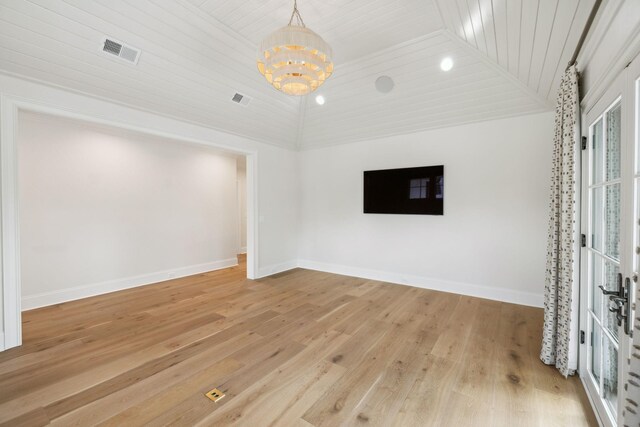 304 Berry Cir, Franklin, TN 37064 - unfurnished living room featuring a chandelier, vaulted ceiling, baseboards, wood ceiling, and wood finished floors