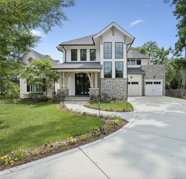 304 Berry Cir, Franklin, TN 37064 - view of front of property with concrete driveway, a porch, an attached garage, stone siding, and a shingled roof