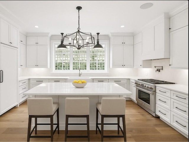 304 Berry Cir, Franklin, TN 37064 - kitchen with high end stainless steel range oven, a kitchen breakfast bar, white cabinetry, a chandelier, and recessed lighting