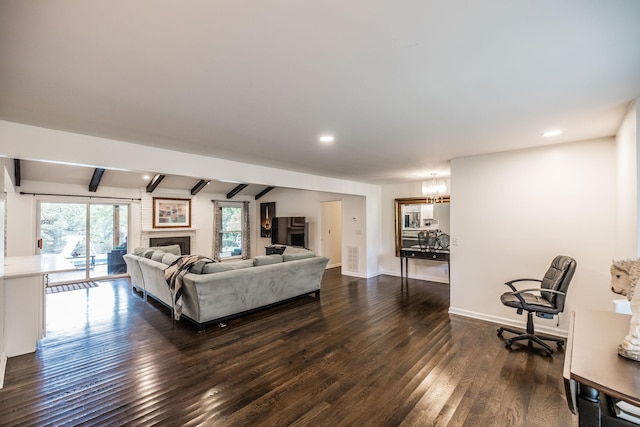116 Jackson Ln, Hendersonville, TN 37075 - living area with a chandelier, dark wood-type flooring, a brick fireplace, baseboards, and recessed lighting