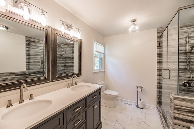 116 Jackson Ln, Hendersonville, TN 37075 - full bath with marble look tile flooring, double vanity, a shower stall, toilet, and baseboards