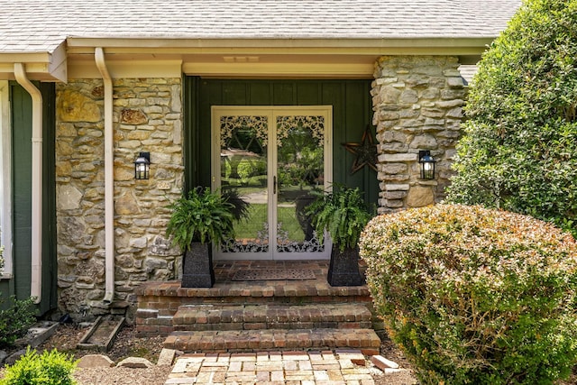 116 Jackson Ln, Hendersonville, TN 37075 - doorway to property featuring stone siding, french doors, and a shingled roof