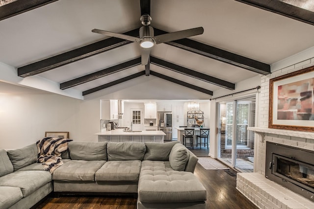 116 Jackson Ln, Hendersonville, TN 37075 - living room with dark wood-type flooring, a ceiling fan, and a brick fireplace