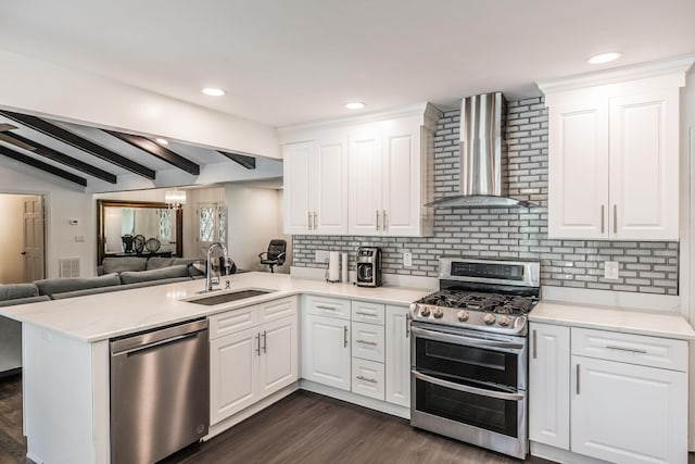116 Jackson Ln, Hendersonville, TN 37075 - kitchen with wall chimney exhaust hood, stainless steel appliances, a sink, open floor plan, and a peninsula