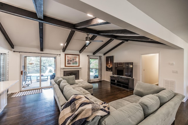 116 Jackson Ln, Hendersonville, TN 37075 - living area with ceiling fan, dark wood-style flooring, baseboards, and a brick fireplace