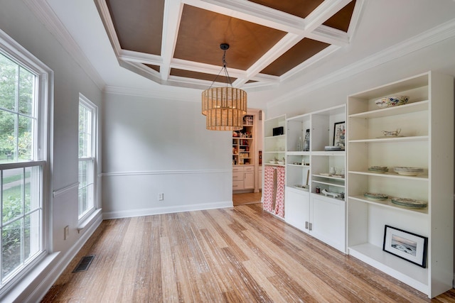 1119 Hudson Ln, Franklin, TN 37067 - unfurnished dining area with a chandelier, coffered ceiling, light wood-style flooring, crown molding, and beamed ceiling