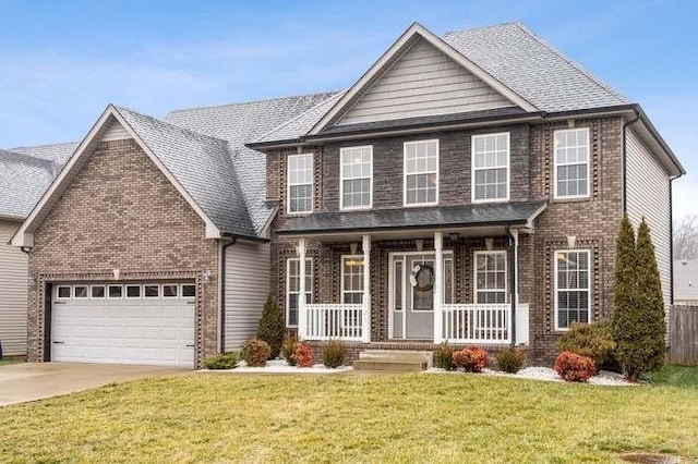 1121 Chinook Cir, Clarksville, TN 37042 - view of front facade with a porch, brick siding, a garage, driveway, and a front lawn