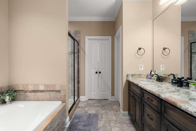 117 Brixton Rdg, Lebanon, TN 37087 - bathroom with a stall shower, a bath, double vanity, crown molding, and stone finish floors