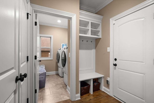 117 Brixton Rdg, Lebanon, TN 37087 - mudroom featuring ornamental molding, baseboards, and washer and clothes dryer