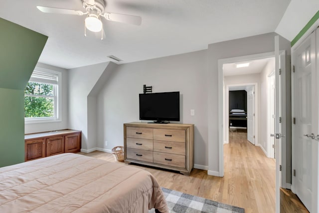1800 Old Highway 52, Lafayette, TN 37083 - bedroom with light wood-style floors, baseboards, a ceiling fan, and lofted ceiling