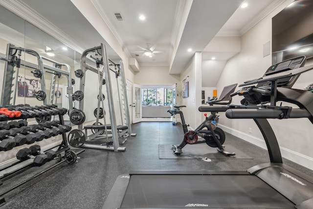 424 Wild Elm St, Franklin, TN 37064 - workout area with ornamental molding, a ceiling fan, and recessed lighting