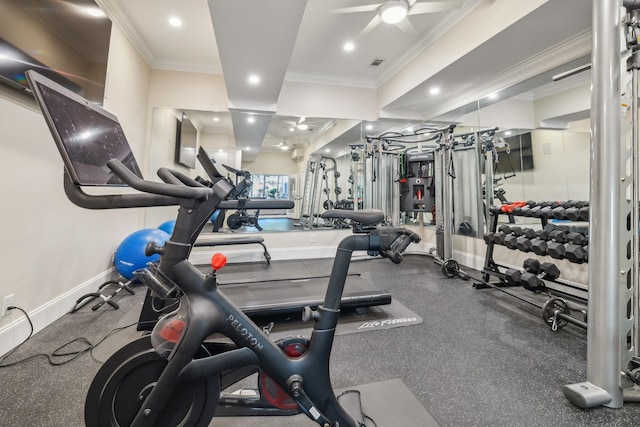 424 Wild Elm St, Franklin, TN 37064 - workout area featuring ornamental molding, baseboards, a ceiling fan, and recessed lighting
