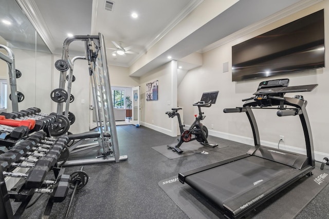 424 Wild Elm St, Franklin, TN 37064 - exercise room with crown molding, a ceiling fan, recessed lighting, and baseboards