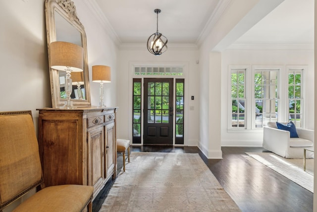 424 Wild Elm St, Franklin, TN 37064 - entrance foyer featuring healthy amount of natural light, dark wood finished floors, baseboards, ornamental molding, and a chandelier