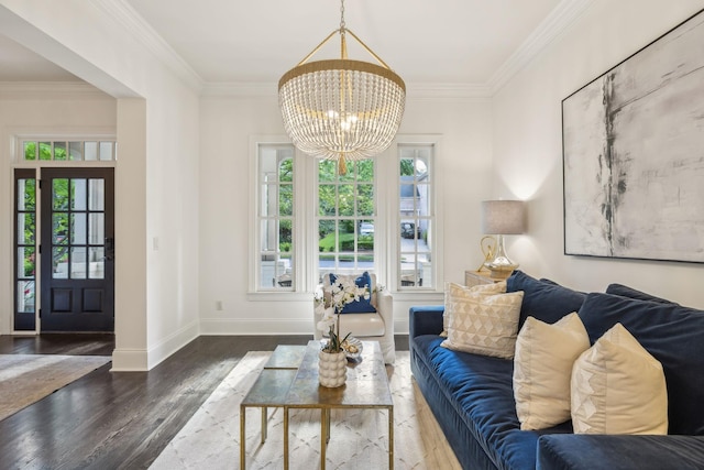 424 Wild Elm St, Franklin, TN 37064 - living area with a chandelier, wood finished floors, ornamental molding, and baseboards