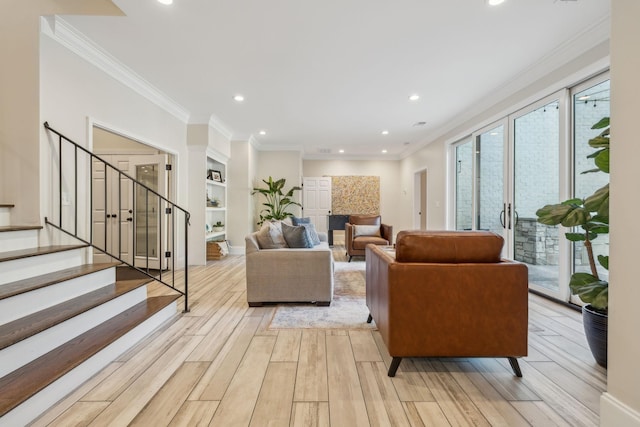 424 Wild Elm St, Franklin, TN 37064 - living area with light wood-style flooring, stairs, crown molding, recessed lighting, and built in features