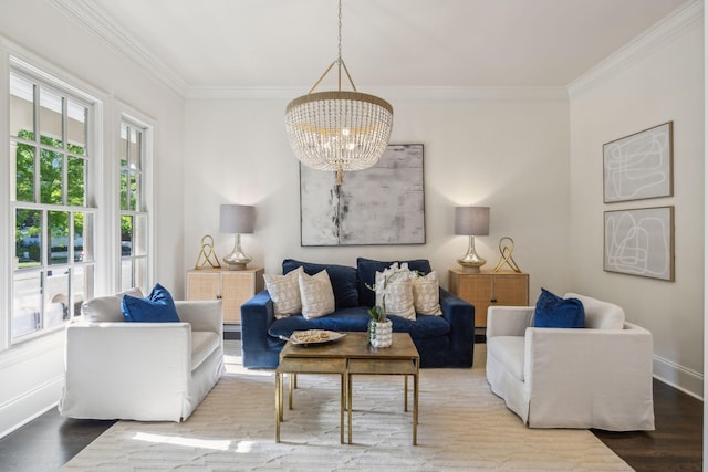 424 Wild Elm St, Franklin, TN 37064 - living area featuring a chandelier, wood finished floors, crown molding, and baseboards