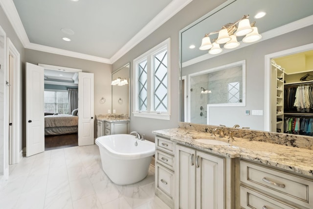 8704 Wolfsbane Ln, College Grove, TN 37046 - full bath with a stall shower, plenty of natural light, two vanities, crown molding, and recessed lighting