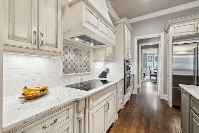 8704 Wolfsbane Ln, College Grove, TN 37046 - kitchen featuring appliances with stainless steel finishes, custom exhaust hood, crown molding, dark wood-style flooring, and light stone countertops