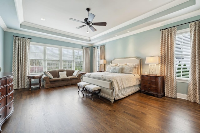 8704 Wolfsbane Ln, College Grove, TN 37046 - bedroom with a tray ceiling, ornamental molding, dark wood-type flooring, a ceiling fan, and recessed lighting