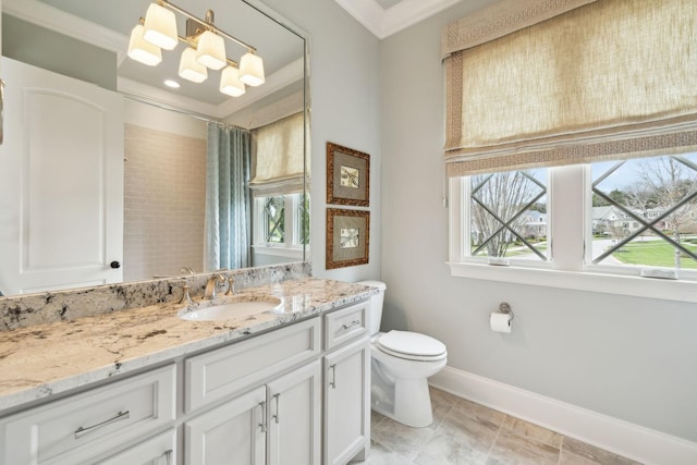 8704 Wolfsbane Ln, College Grove, TN 37046 - bathroom with healthy amount of natural light, vanity, a shower with shower curtain, and ornamental molding