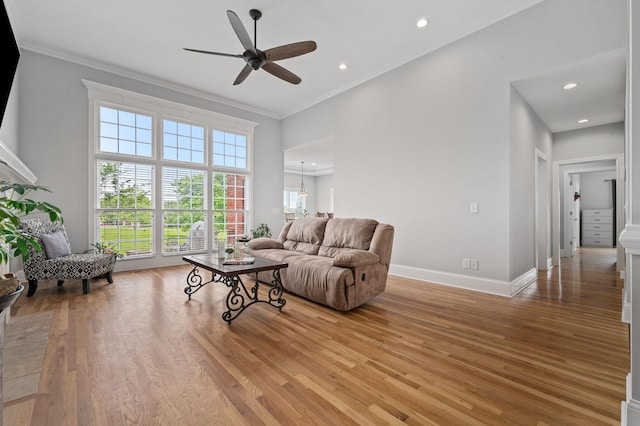 1417 Guill Rd, Mount Juliet, TN 37122 - living area with ceiling fan, light wood finished floors, recessed lighting, baseboards, and ornamental molding