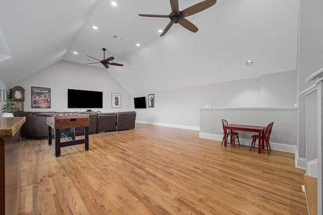 1417 Guill Rd, Mount Juliet, TN 37122 - living room featuring ceiling fan, vaulted ceiling, recessed lighting, light wood-type flooring, and baseboards