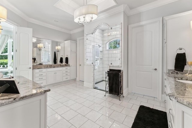 4043 Old Light Cir, Arrington, TN 37014 - full bath featuring a shower stall, vanity, a chandelier, and ornamental molding
