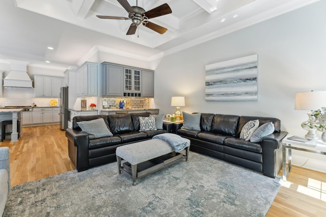 4043 Old Light Cir, Arrington, TN 37014 - living area with coffered ceiling, light wood-style flooring, recessed lighting, ceiling fan, and beam ceiling