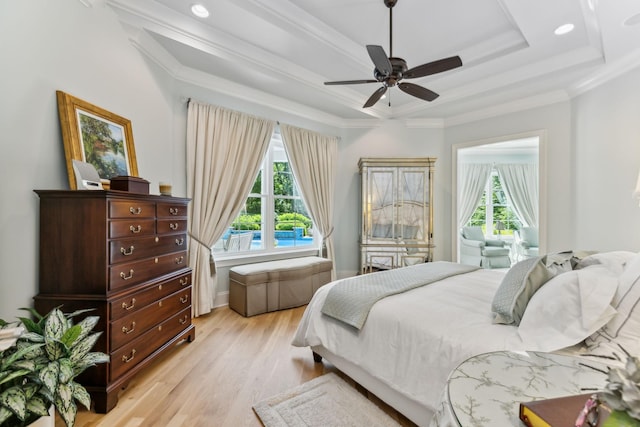 4043 Old Light Cir, Arrington, TN 37014 - bedroom featuring a tray ceiling, light wood-type flooring, crown molding, a ceiling fan, and recessed lighting